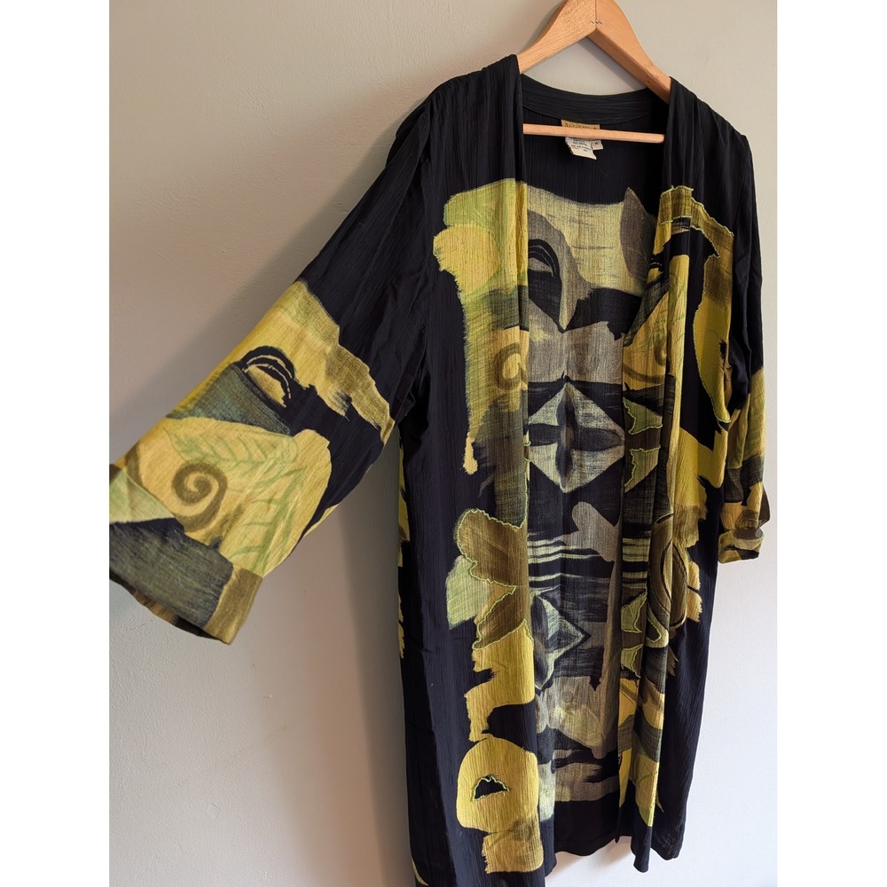 Vintage 90s/Y2K Abstract Art Print Beaded Duster Green M Lagenlook Artistic - Picture 4 of 10